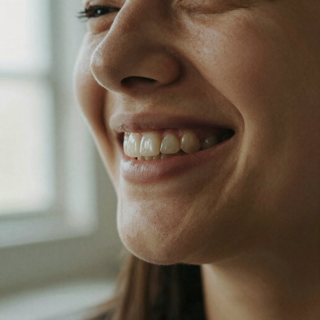 Close-up of a natural smile showing evenly spaced teeth and softly defined lips, warm skin with visible texture, gentle