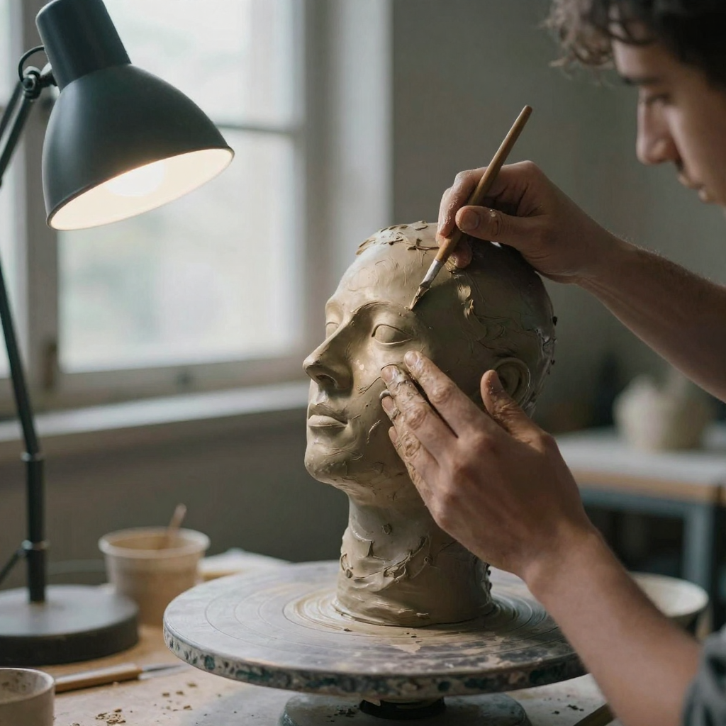 A sculptor's hands smoothing clay into a lifelike human face bust on a turntable, studio lamps raking across the careful