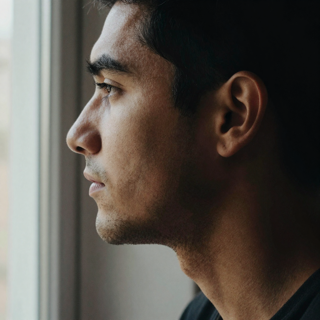 A profile portrait of a man against black, jawline and ear crisply defined, skin showing stubble and pores, single rim l
