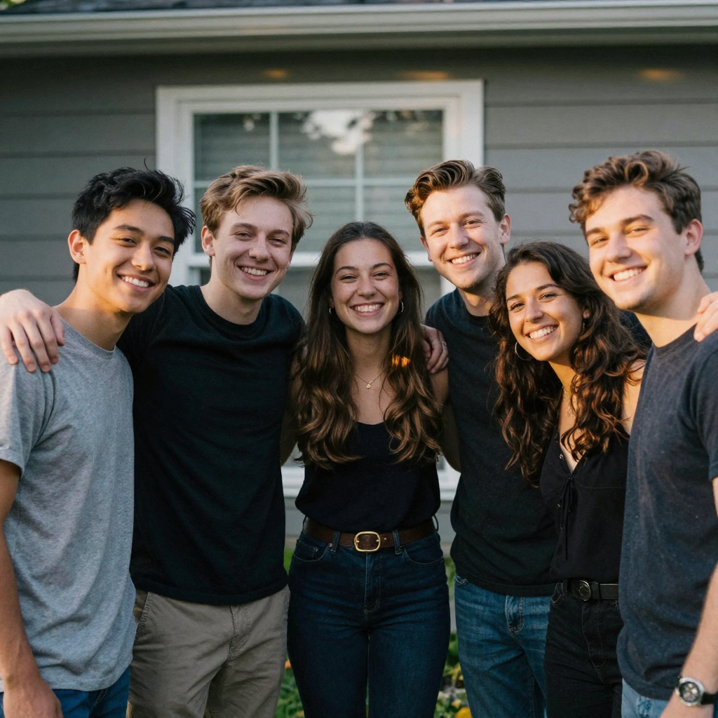 A group of five friends posing arm-in-arm outdoors at golden hour, most smiling brightly while one person's eyes are cau