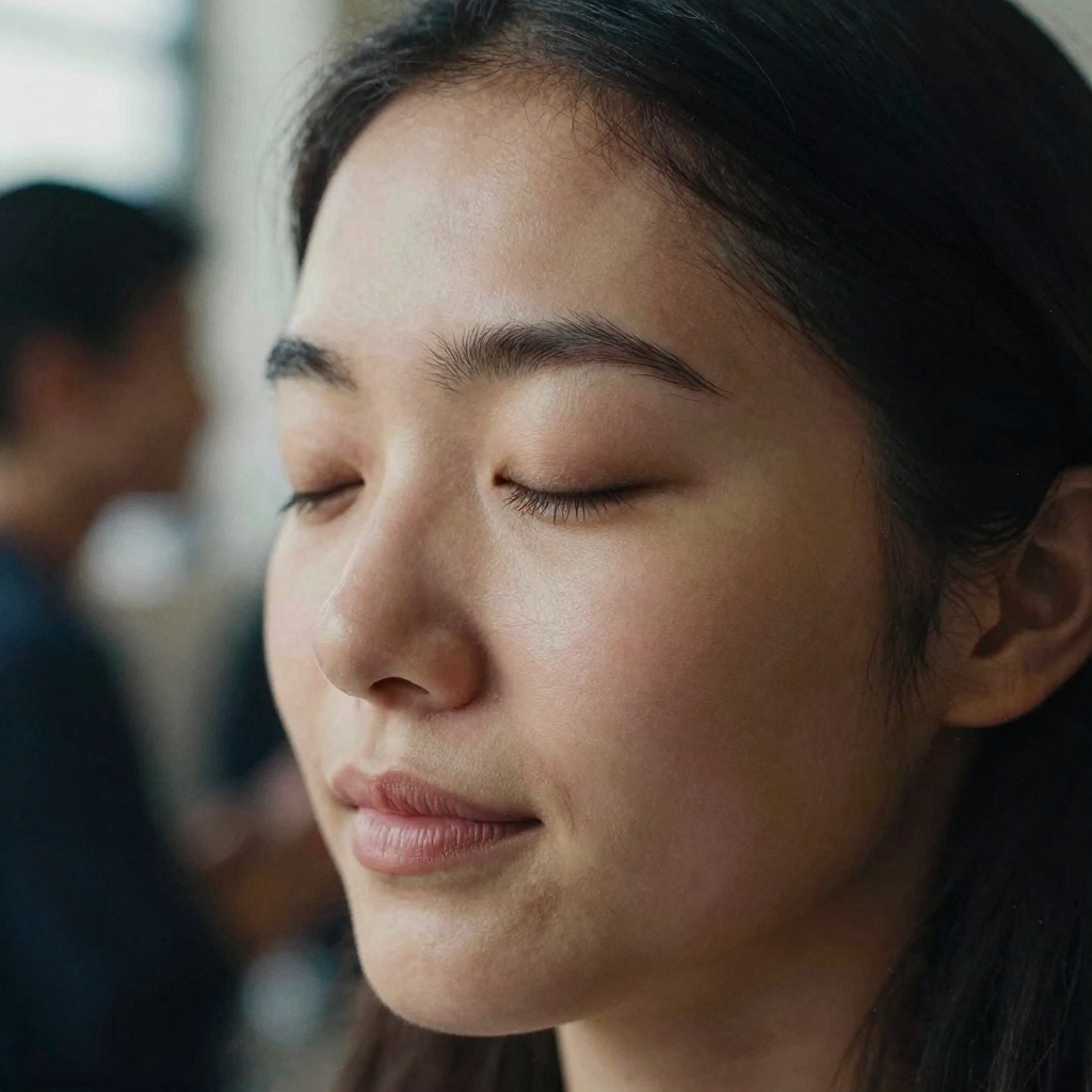 Close-up of a woman's face with her eyes gently closed mid-blink, soft window light on her cheeks, warm natural skin ton