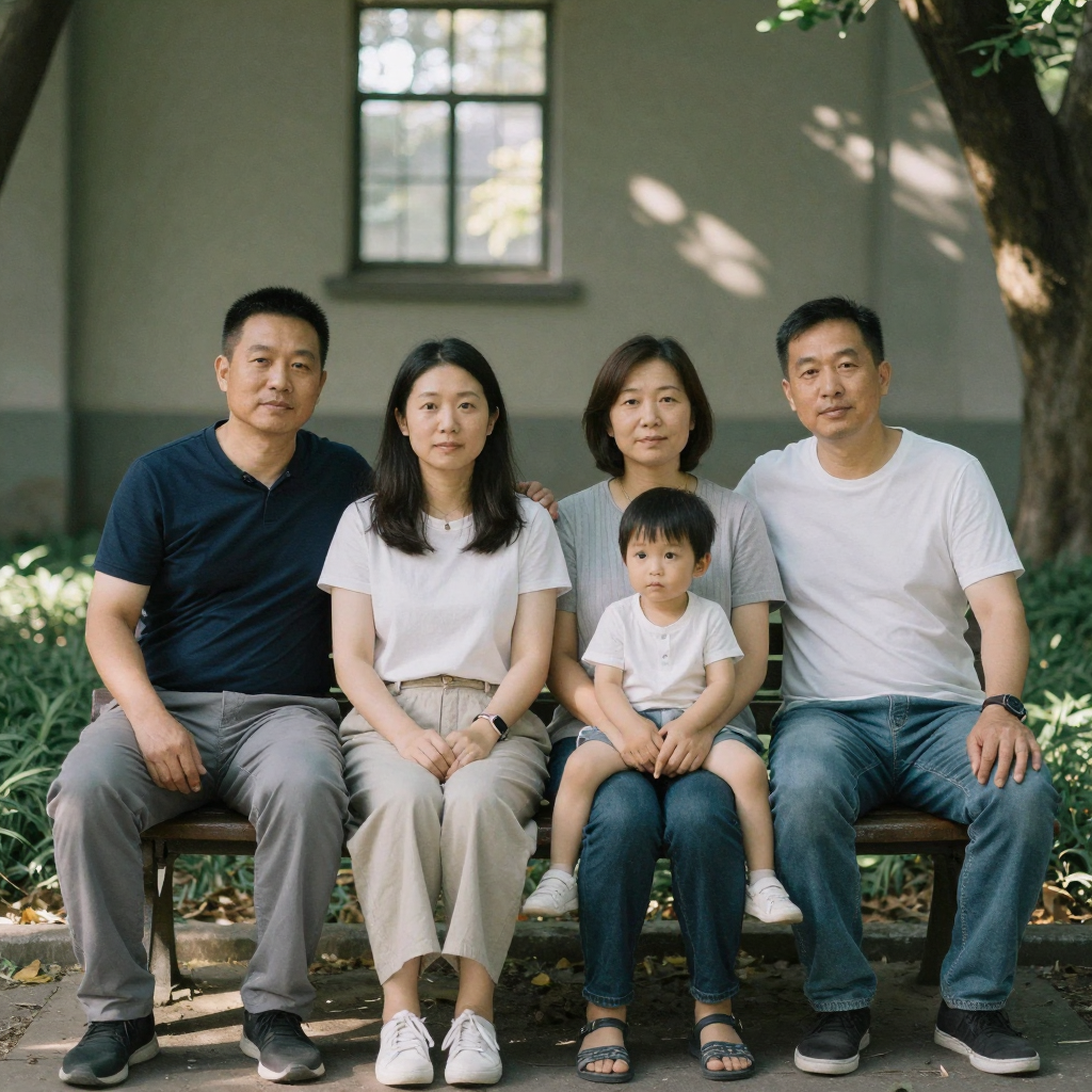 A family of four seated together on a park bench for a portrait, everyone looking at the camera except a child glancing
