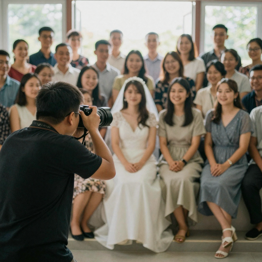A photographer at a wedding raising a camera to shoot a large group on the steps, guests clustered and smiling, bright o