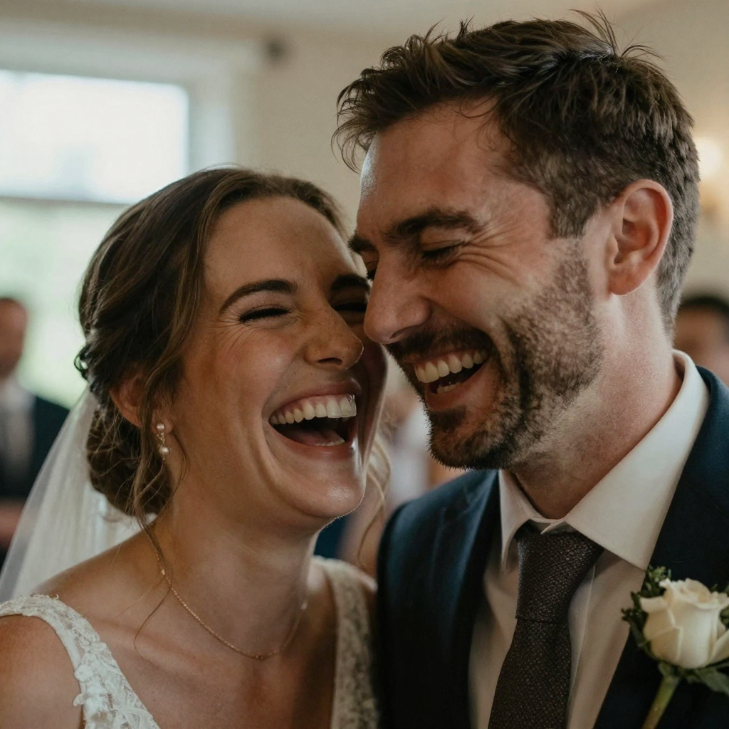 Close-up of a bride and groom cheek to cheek laughing, the groom mid-blink with eyes shut, warm reception lighting, joyf