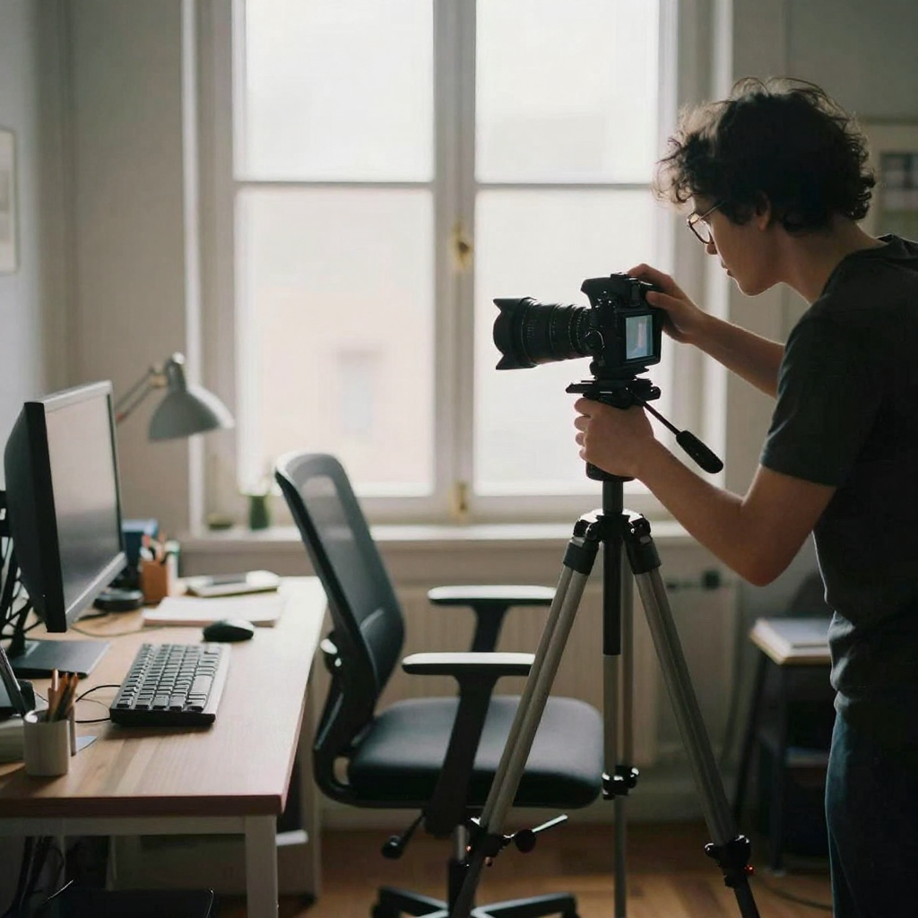 A creator adjusting a tripod-mounted camera in a home office, reaching to frame an empty chair, warm morning light spill