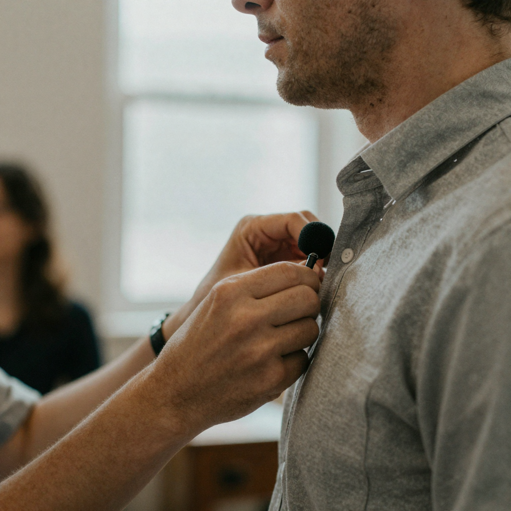 Hands clipping a small lapel microphone onto a speaker's shirt collar before a presentation, shallow focus, soft window
