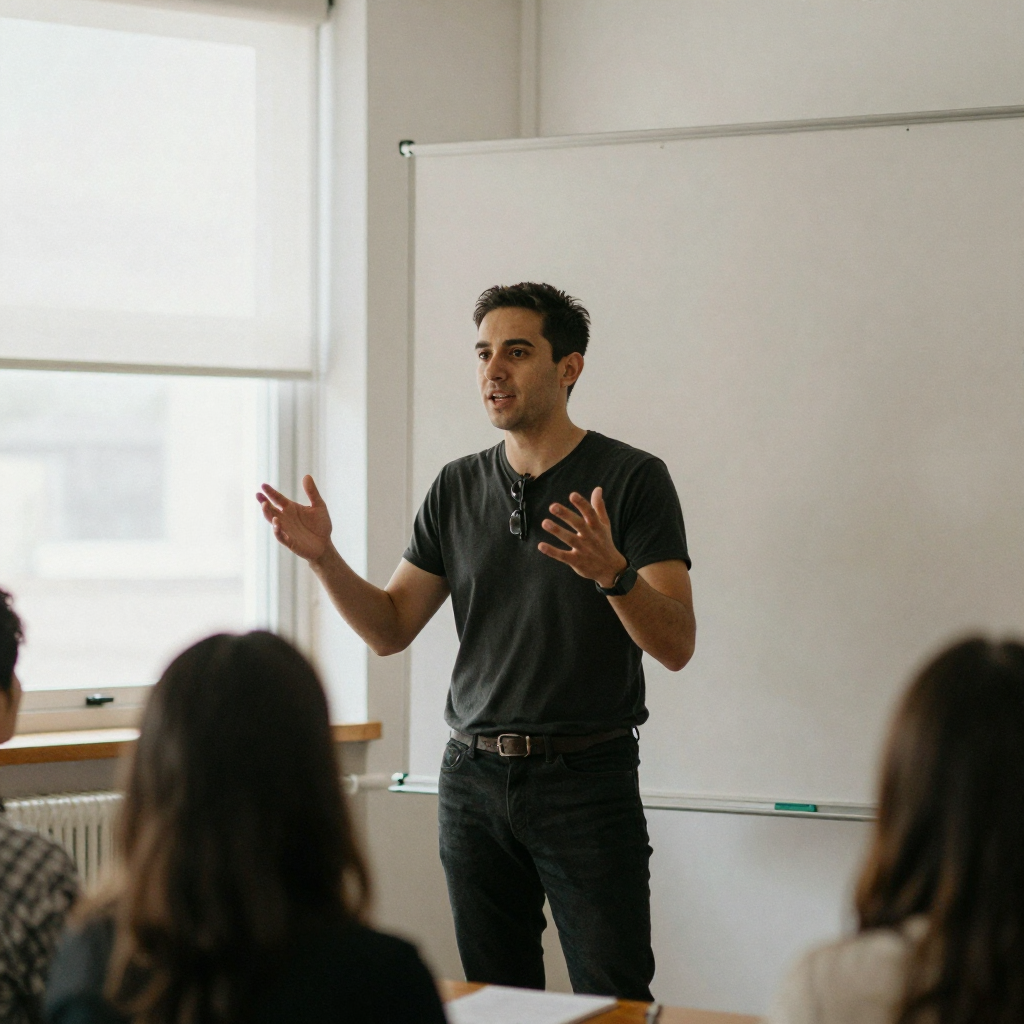 A presenter mid-gesture standing beside a plain backdrop in a bright room, arms animated as if addressing a remote audie