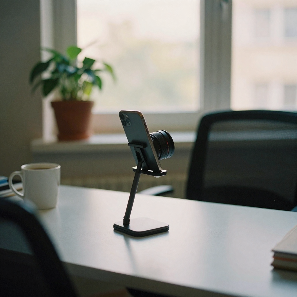 A smartphone propped vertically in a clamp stand on a tidy desk, camera lens facing an empty seat, potted plant and coff