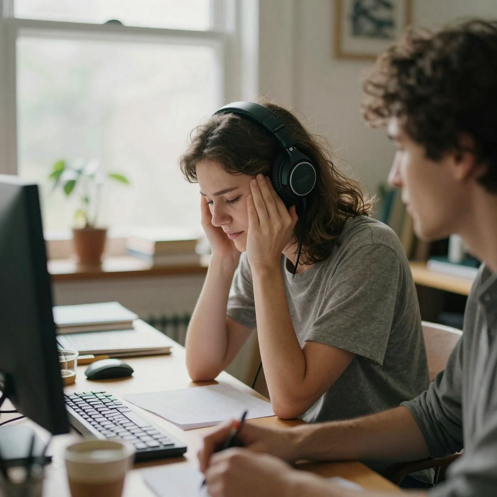 A woman in headphones nodding attentively in a sunlit study, leaning toward an unseen colleague, warm relaxed conversati