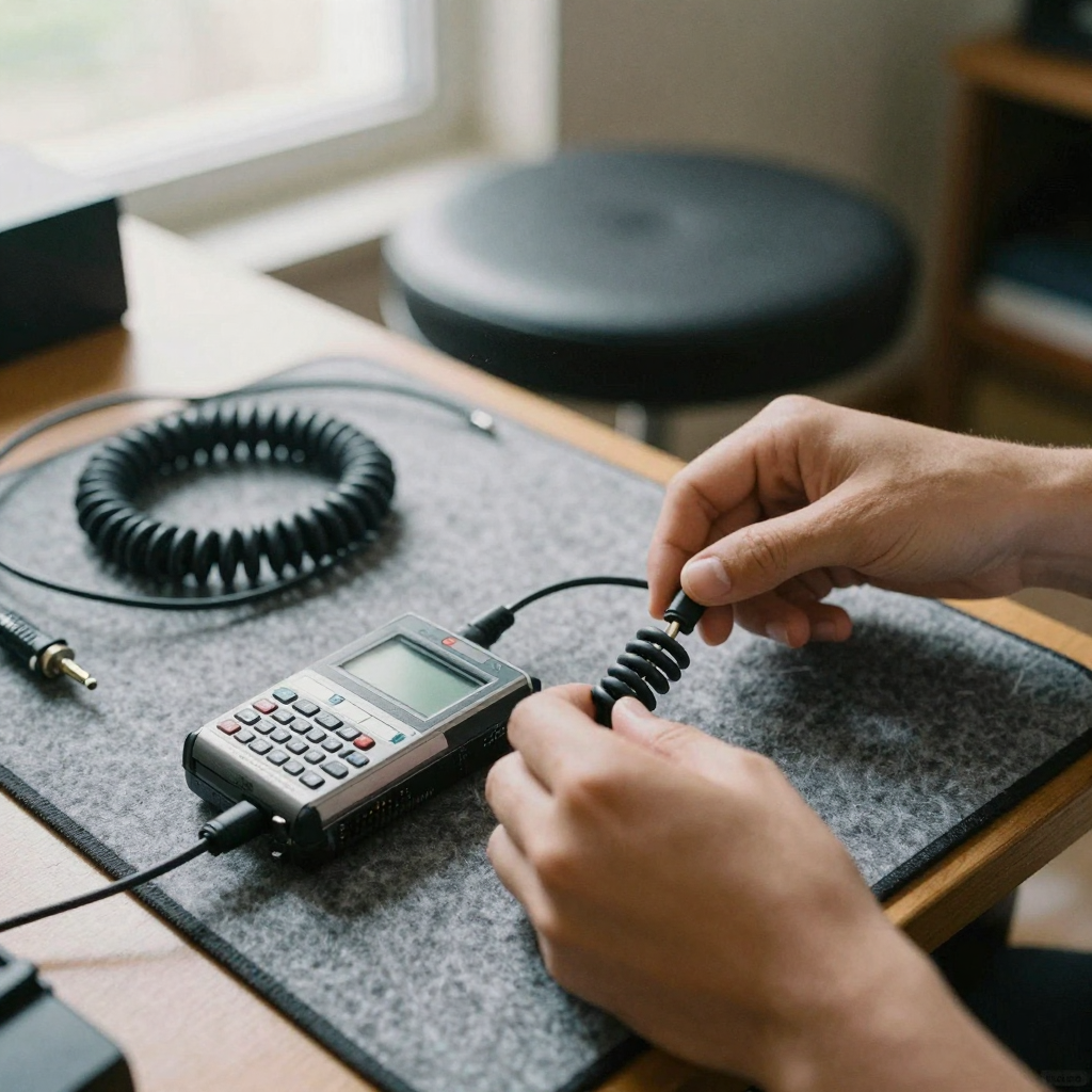 Close-up of hands connecting a coiled audio cable to a compact recorder on a felt desk mat, tidy cables and a stool behi