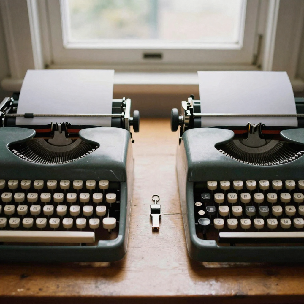 Two identical vintage typewriters facing each other across a wooden table under warm lamplight, blank paper in each carr