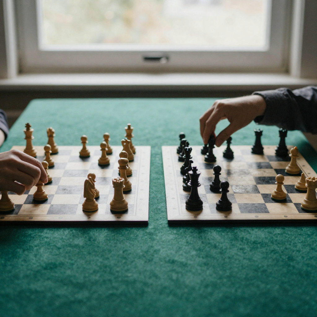 A split scene of two chess boards mid-game side by side on a green-felt table, two players' hands hovering over their pi