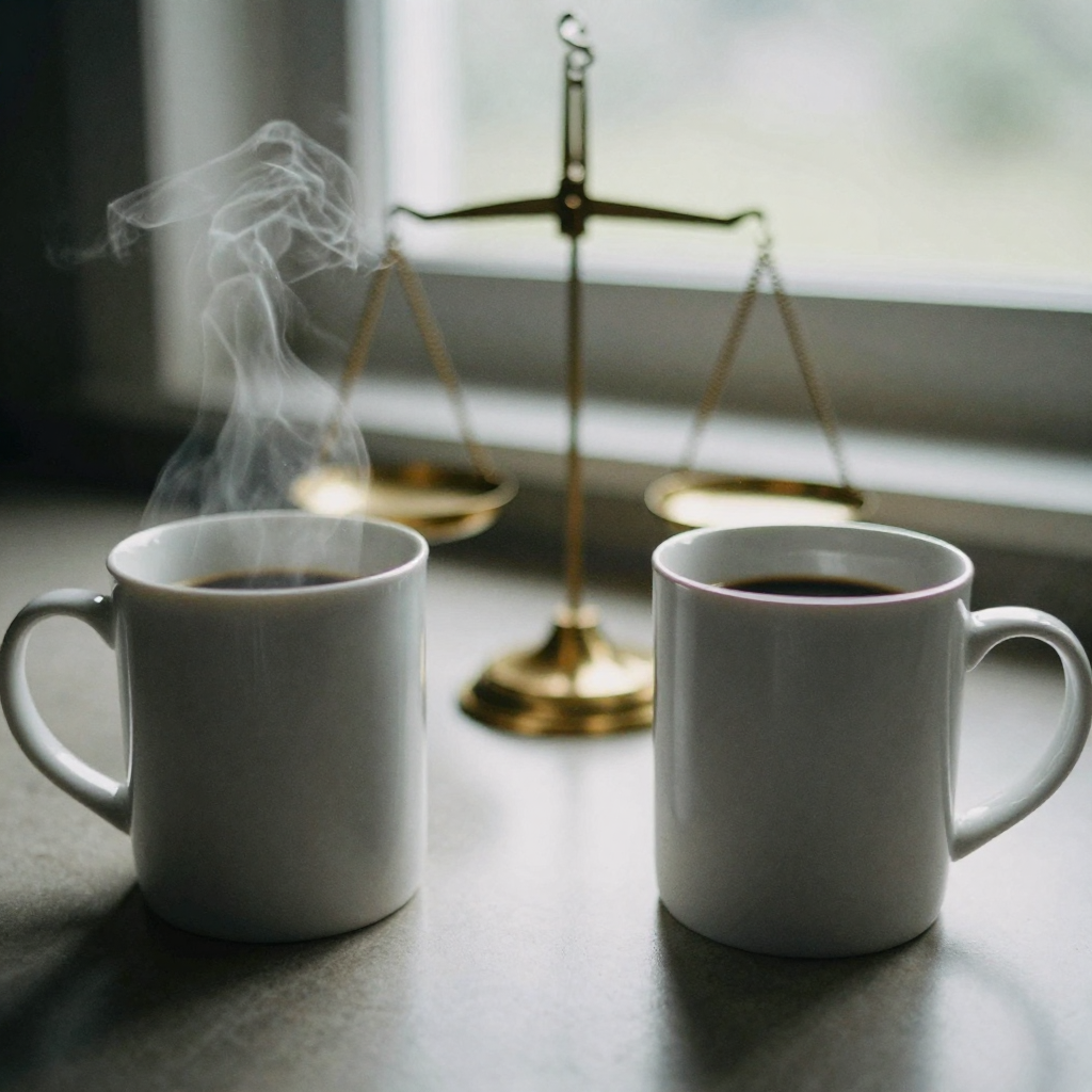 Close-up of two coffee mugs on a desk, one steaming and one cool, positioned like opponents beside a small brass balance