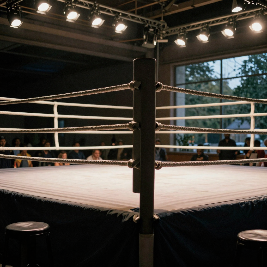 A boxing ring's empty corner stools facing each other under hanging arena lights, ropes taut, dramatic spotlight pooling