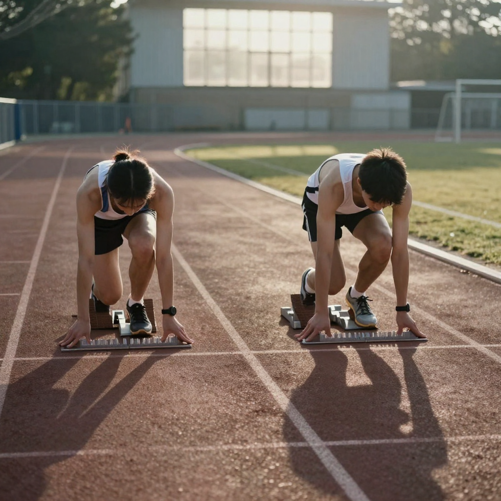Two runners crouched in starting blocks on a track at dawn, tense and mirrored, long shadows stretching across the lanes