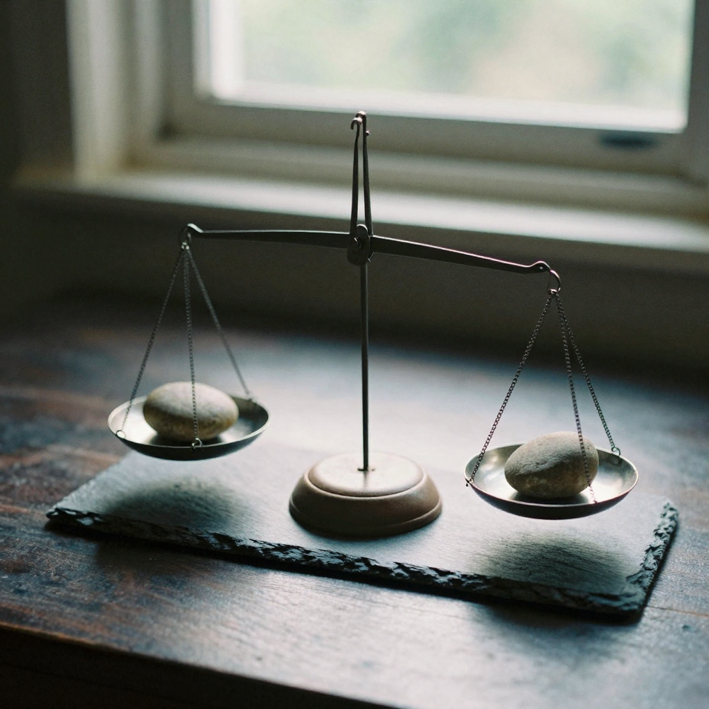 A balance scale on a slate desk with a smooth river stone in each pan, evenly weighted, cool directional light casting c