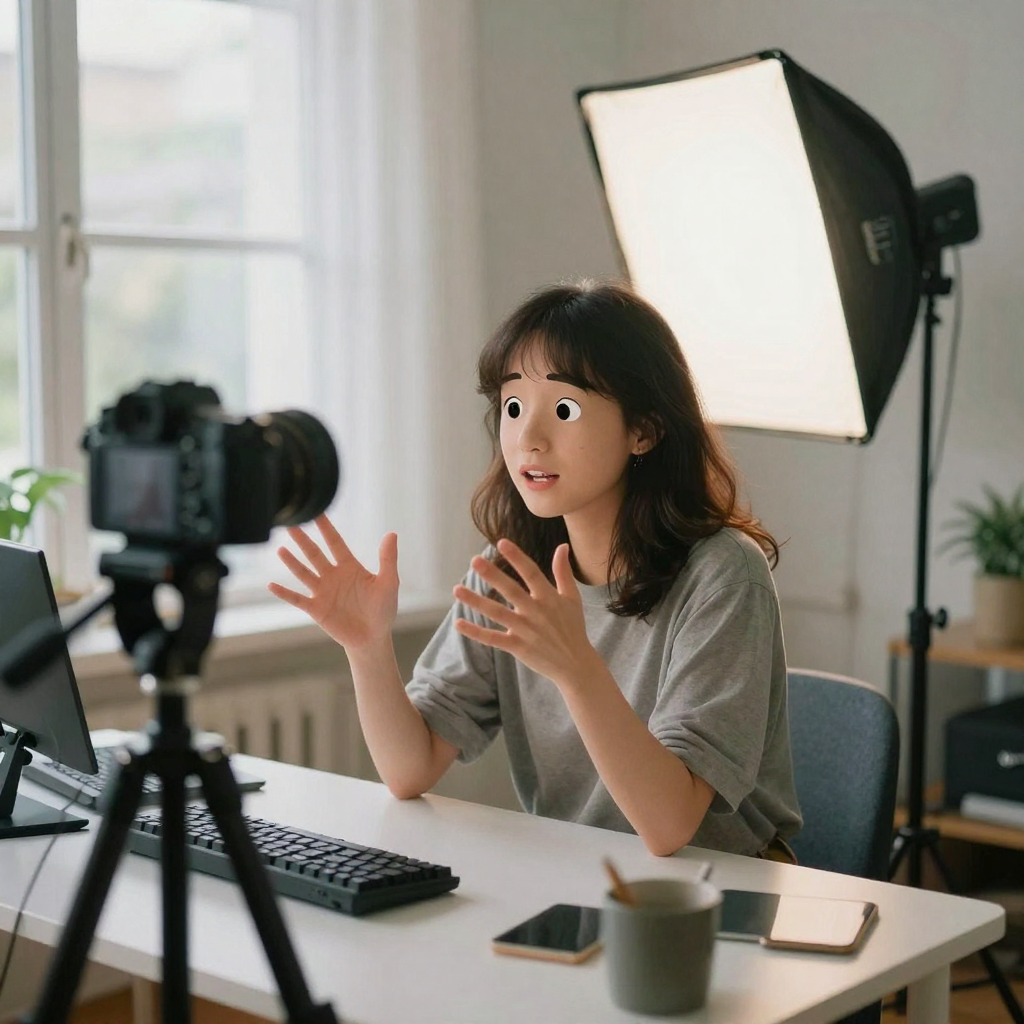A content creator sitting at a tidy home studio desk speaking directly to a tripod-mounted camera, hands mid-gesture, so