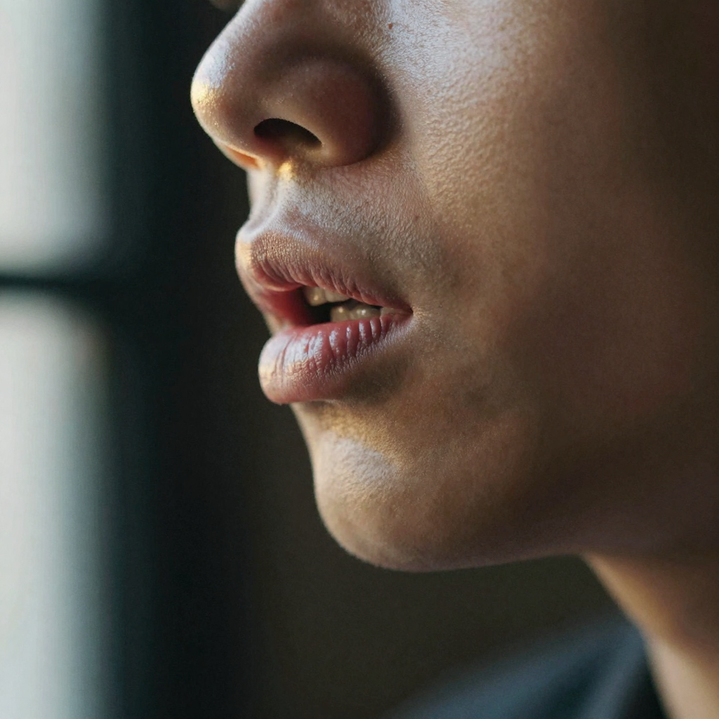 Close-up of a person's mouth and jaw in mid-speech, lips forming a clear syllable, warm rim light catching the edge of t