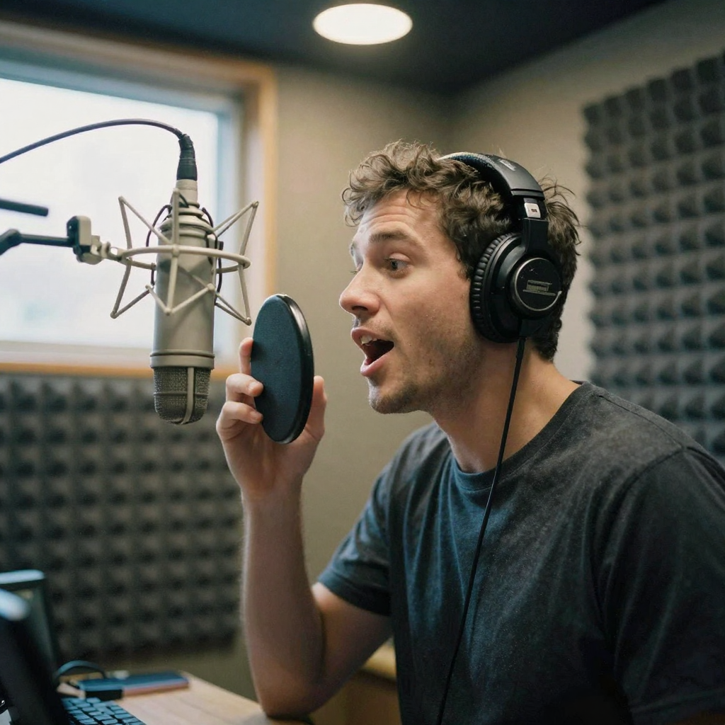 A voice actor in a small foam-lined booth, headphones on, leaning into a suspended microphone, expressive open-mouthed d