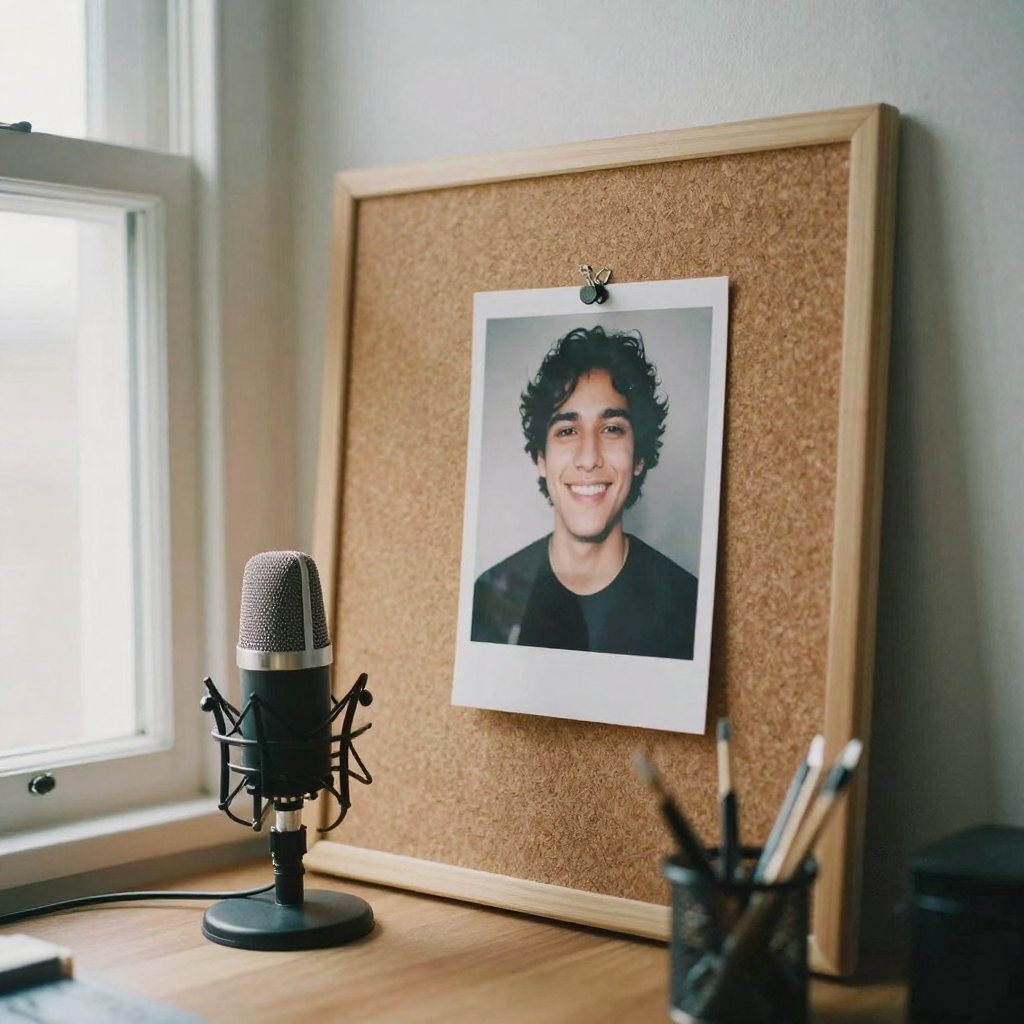 A portrait photo of a smiling person pinned to a corkboard beside a small studio microphone on a stand, warm desk lamp l