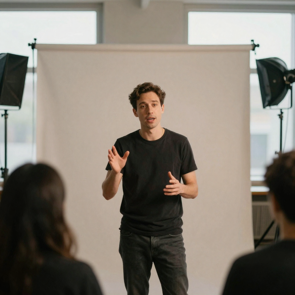 A presenter standing before a plain seamless backdrop gesturing while talking to camera, animated hand raised, even thre