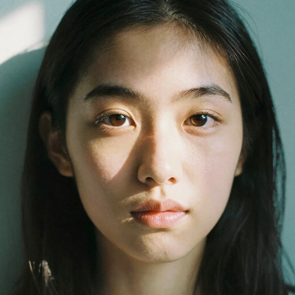 Close-up of a face turning toward the lens with a bright confident expression, soft beauty light, the eyes catching a wa