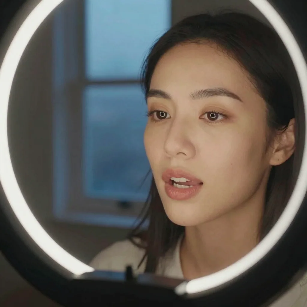 Close-up of a woman's face lit by soft ring light in a home studio, lips parted mid-syllable as she speaks to an off-frame camera, warm skin