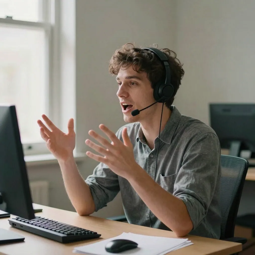 A young man in a headset sitting at a tidy desk, mouth open in animated speech, hands raised in a natural gesture, soft daylight from a side