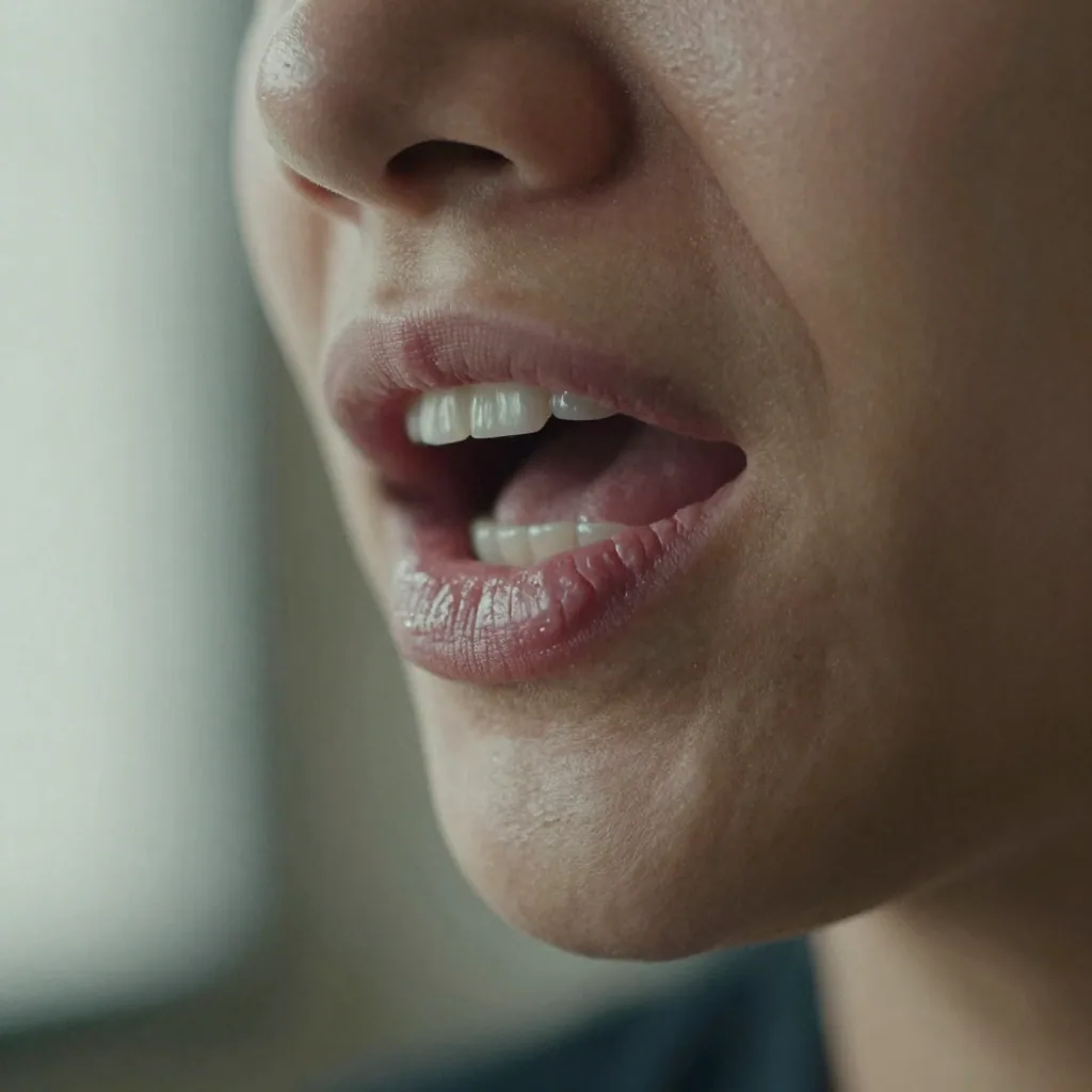 Macro shot of a person's mouth and chin caught mid-word, teeth and tongue visible, crisp studio lighting, shallow focus emphasizing lip move
