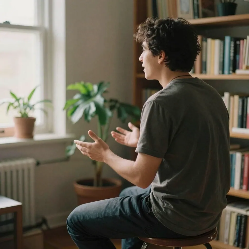 Over-the-shoulder view of a creator seated on a stool in a softly lit corner, speaking expressively, a potted plant and blurred bookshelf be