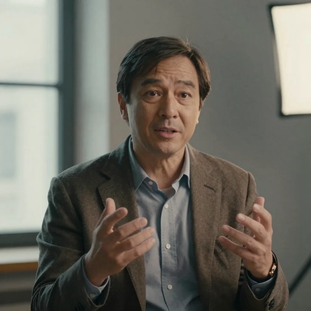 A middle-aged presenter in a blazer talking with confident expression under even softbox lighting, hands mid-gesture, neutral gray backdrop,