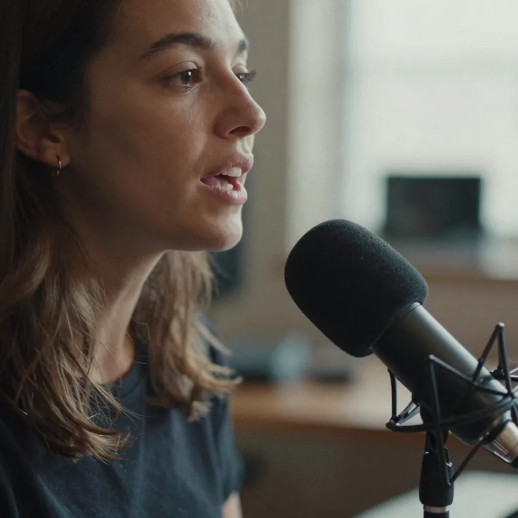 Close-up of a woman speaking animatedly into a foam-covered microphone in a home studio, lips mid-word, warm key light o