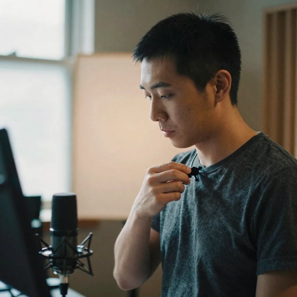 A creator clipping a small lapel microphone to their collar in front of a soft-lit backdrop, focused expression, cozy re