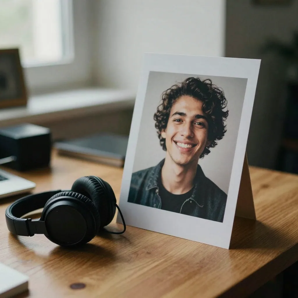 A portrait print of a smiling person propped on a stand beside a pair of studio headphones on a wooden desk, warm ambien
