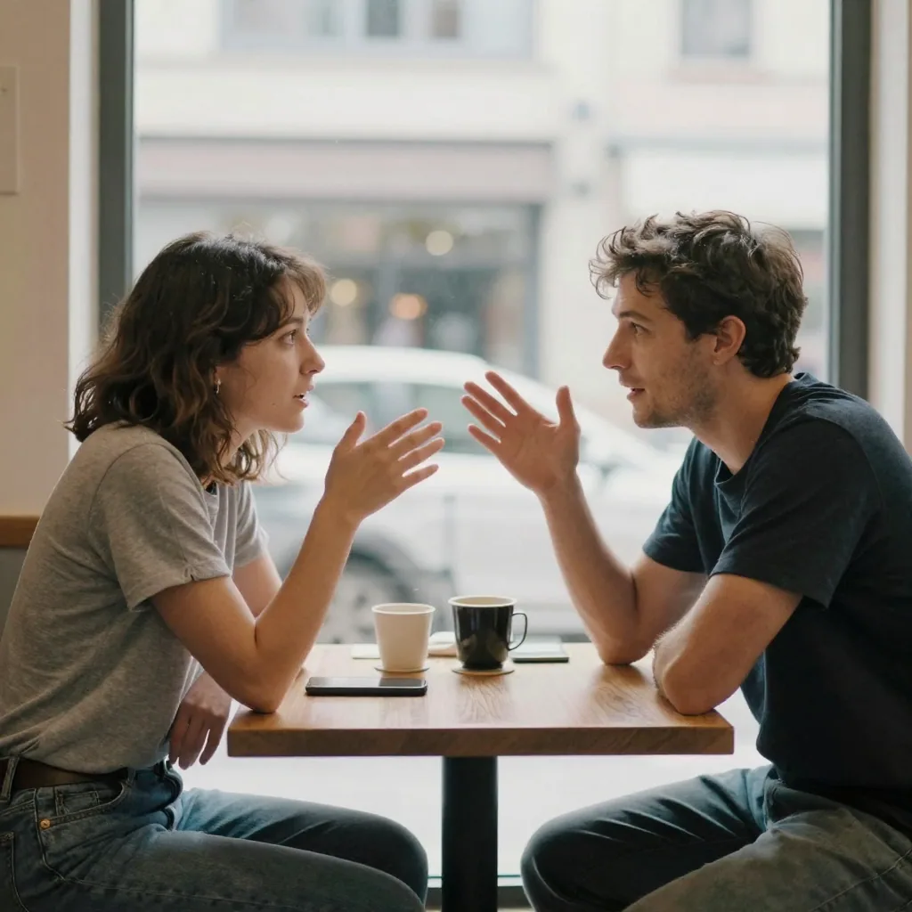 Two people seated across a small table both talking at once in an animated conversation, expressive hand gestures, café