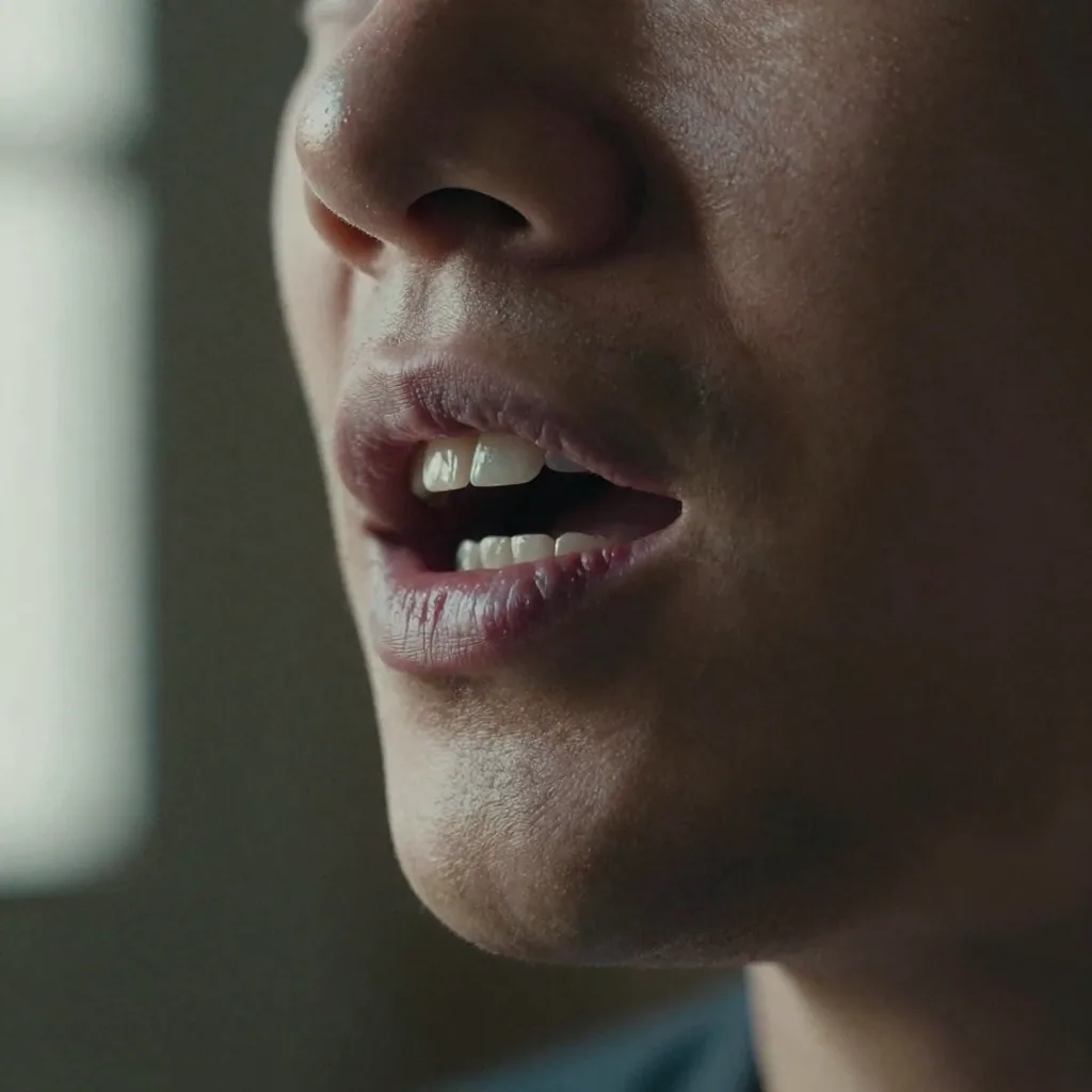 Extreme close-up of an actor's mouth and jaw mid-speech, teeth and lips crisp, dramatic single-source light against a da