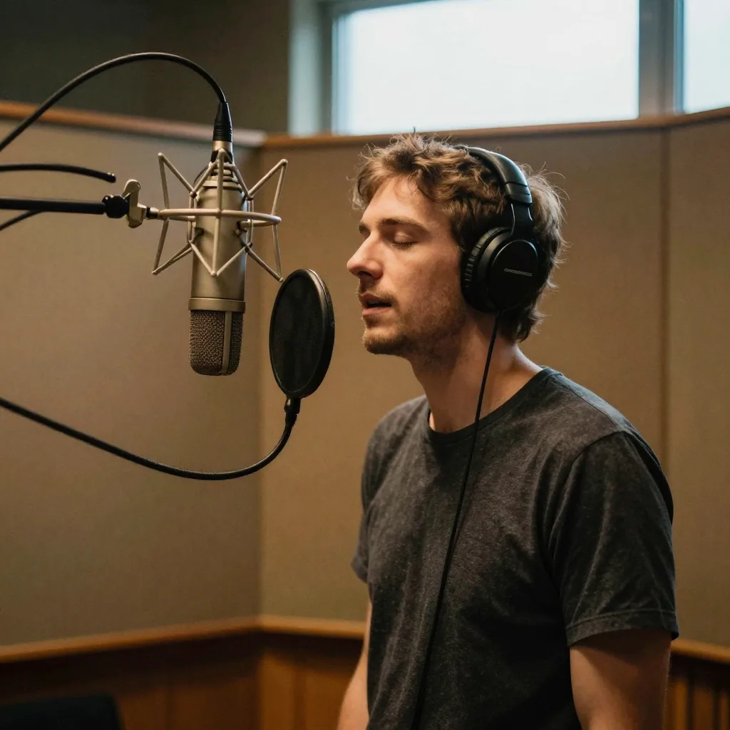A voice actor in a padded recording booth leaning toward a suspended microphone, eyes closed in performance, warm amber