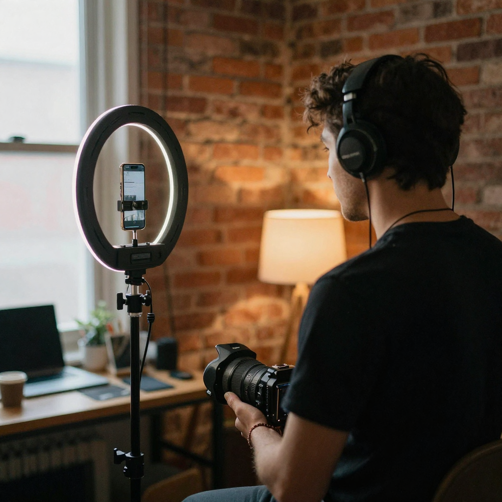 A creator in a compact home studio filming a vertical clip to a phone on a ring-light stand, the screen turned away, war