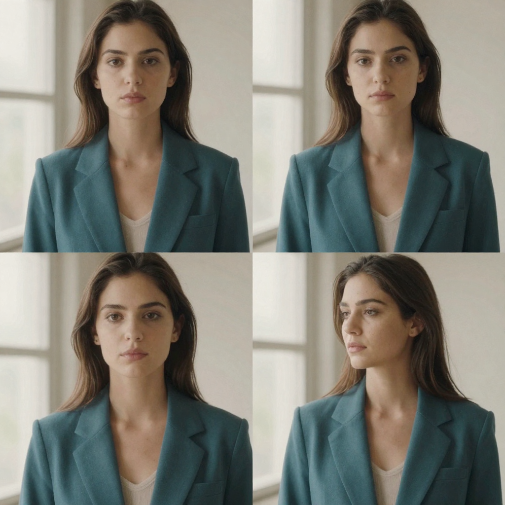A recurring model character in a teal blazer photographed across four matched outfit setups in one bright studio, identi