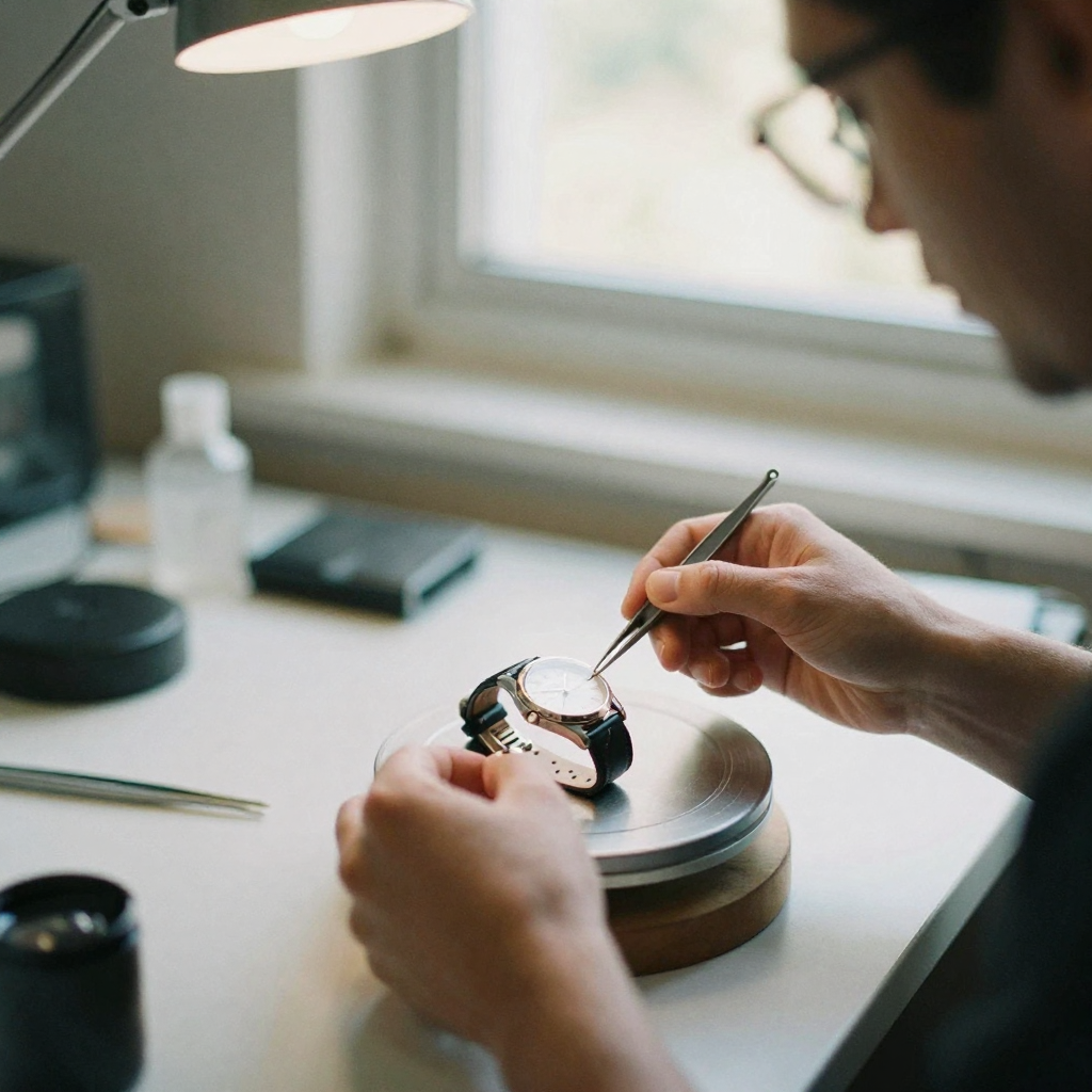 A product stylist positioning a wristwatch on a small rotating platform inside a light tent, tweezers adjusting the stra
