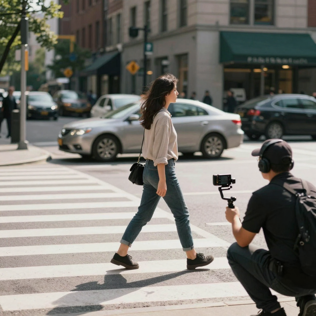 A woman walking a sunlit city crosswalk in slow confident stride, held sharp by a gimbal operator crouched ahead as traf