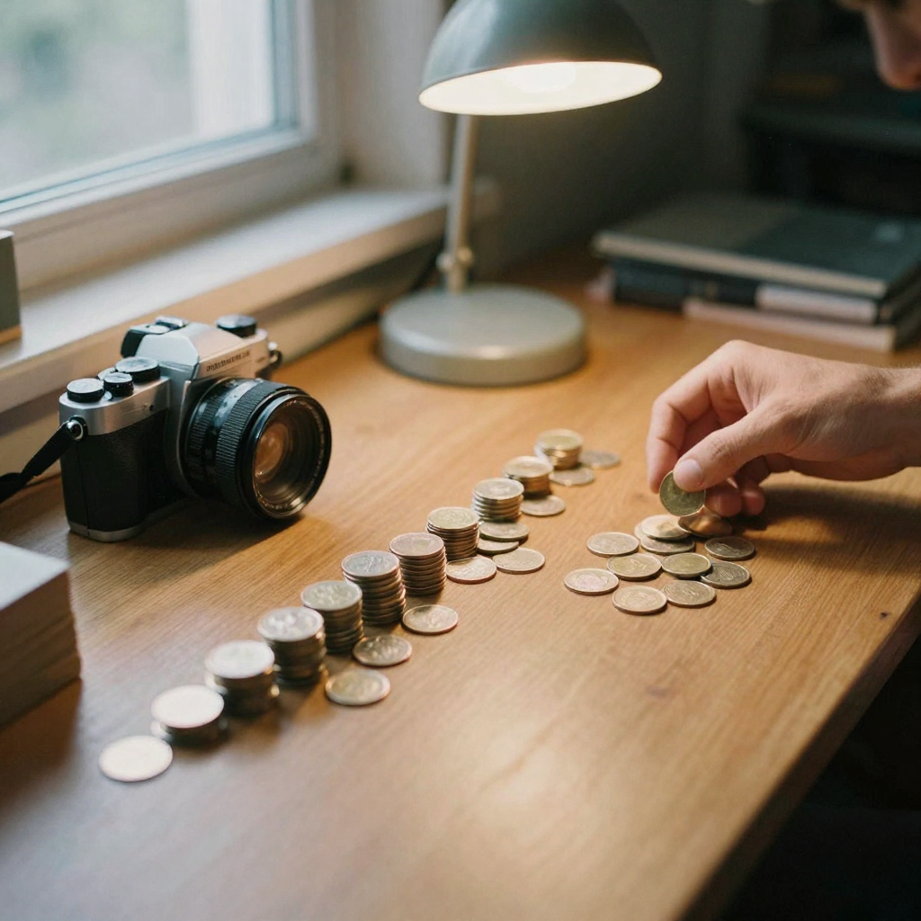 A row of loose prepaid tokens and coins stacked on a wooden desk beside a small camera, a hand counting them under a war