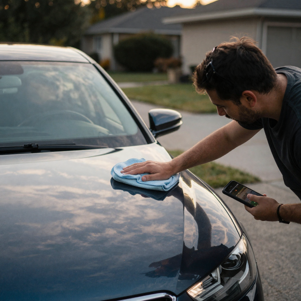 A car detailer wiping a glossy sedan on a driveway at golden hour, the paint mirroring the sky, a phone clamped low to c