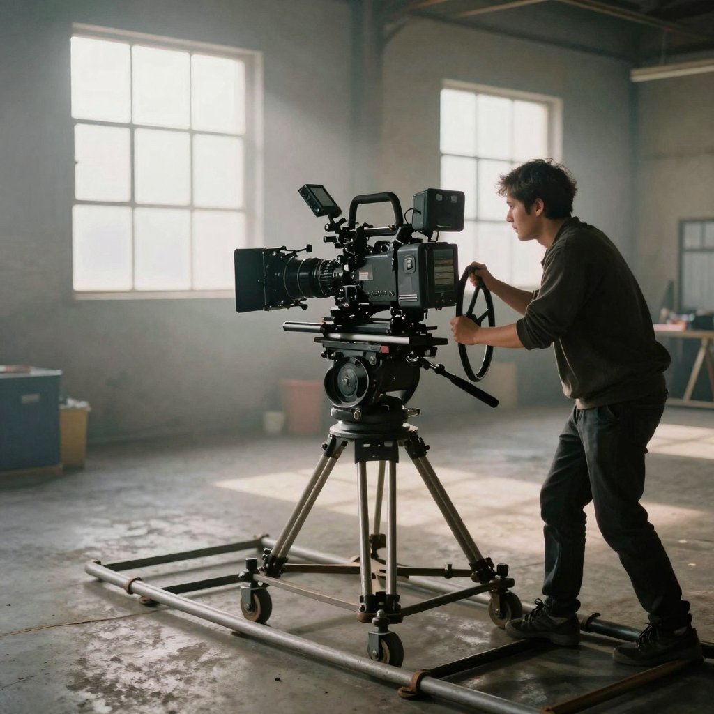 A film crew on a dolly track pushing a cinema camera through a fog-lit warehouse, rim light catching the rig and the operator's hands on the