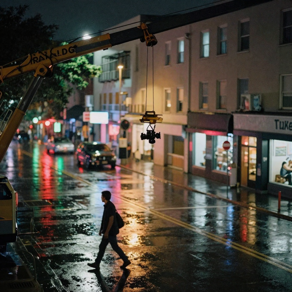 A slow crane arm lifting a camera above a rain-slicked city street at night, neon reflections in puddles and a lone figure crossing below