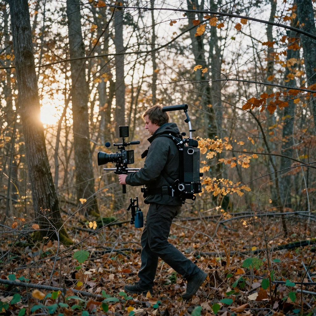 A steadicam operator wearing a body-mounted rig walking through an autumn forest at golden hour, low sun flaring between bare branches