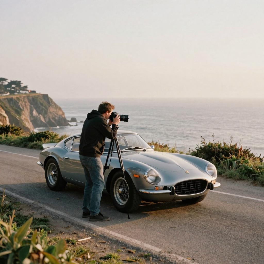 A gimbal-mounted camera sweeping past a vintage sports car parked on a coastal cliff road, sea haze and warm late-afternoon light