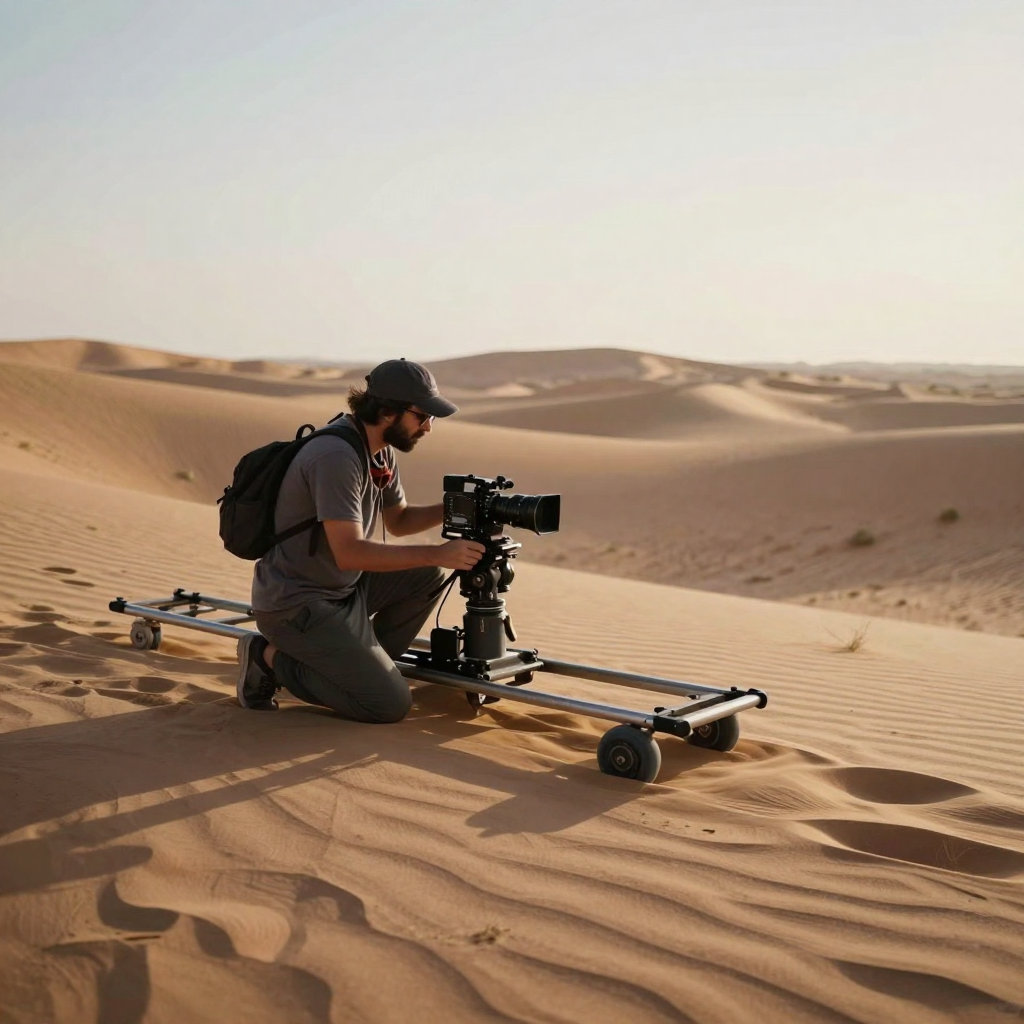 A cinematographer kneeling on a desert dune adjusting a camera on a slider, long shadows and swirling sand under a low amber sun