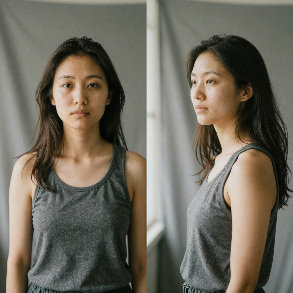 The same woman photographed in two poses side by side against a plain gray backdrop, first facing straight on, then a re