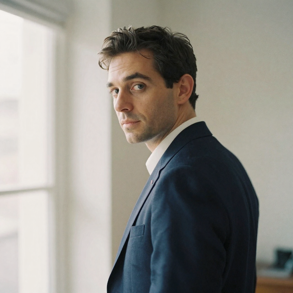 A man in a navy blazer glancing over his left shoulder toward the camera in a bright studio, chin level, clean even key